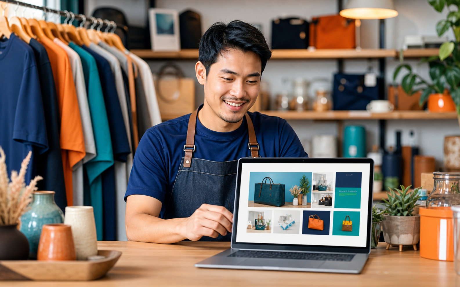 Pemilik usaha melihat website bisnis di laptop