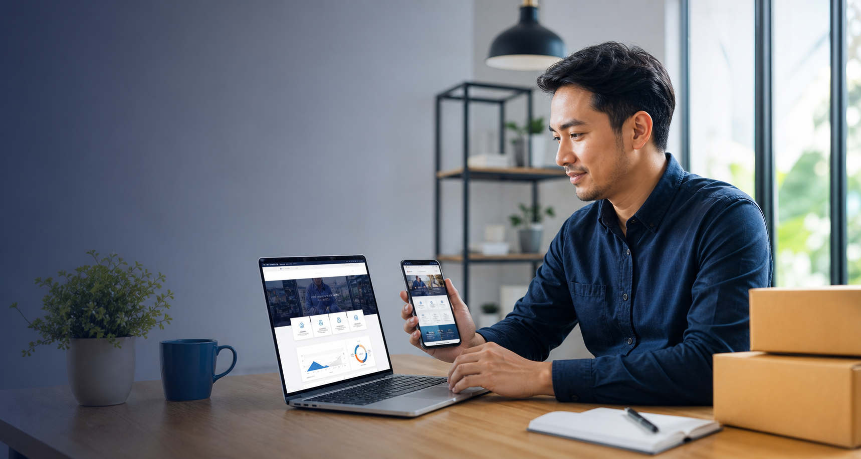 Pemilik usaha melihat website bisnis profesional di laptop dan ponsel