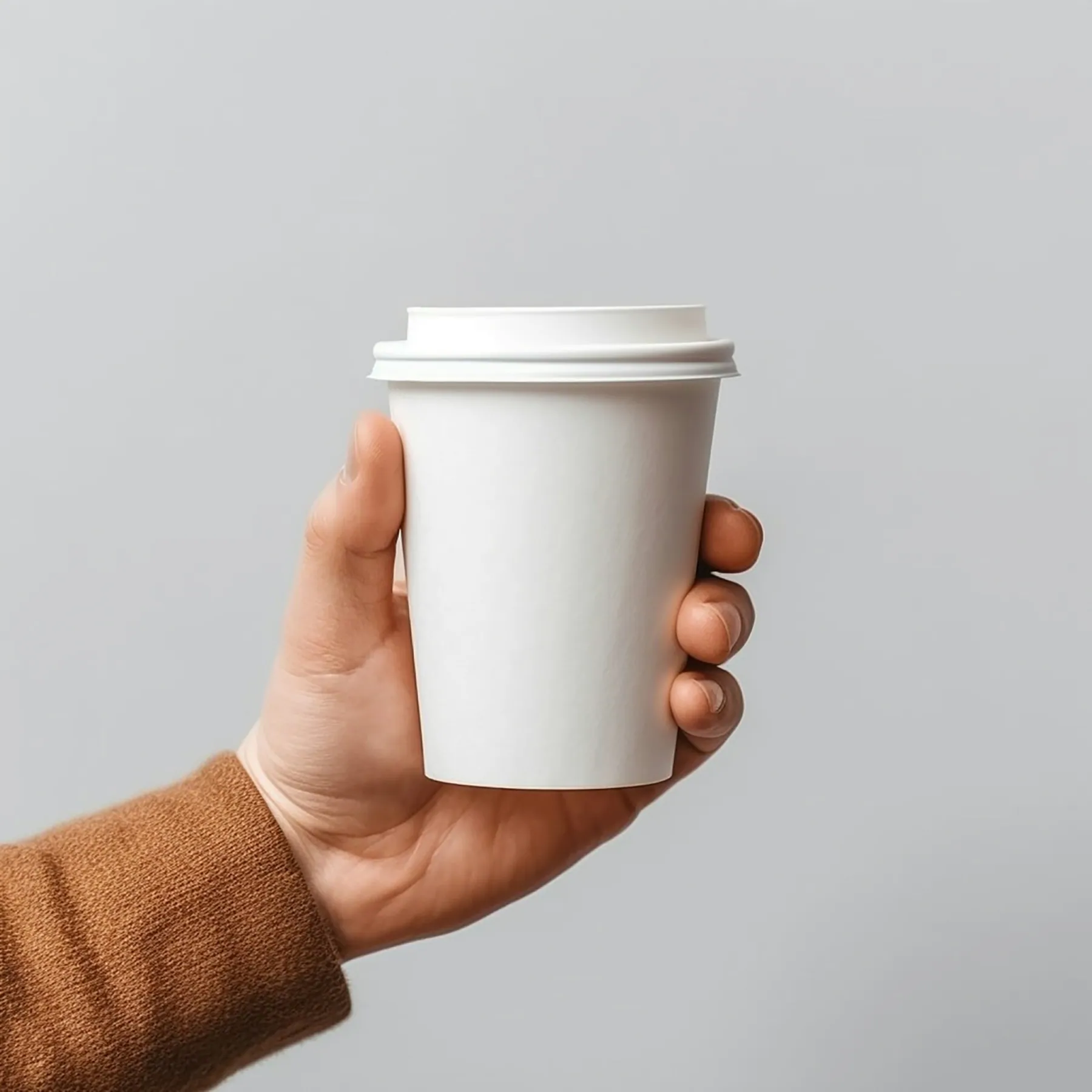 Paper cup putih tanpa logo dipegang dengan satu tangan