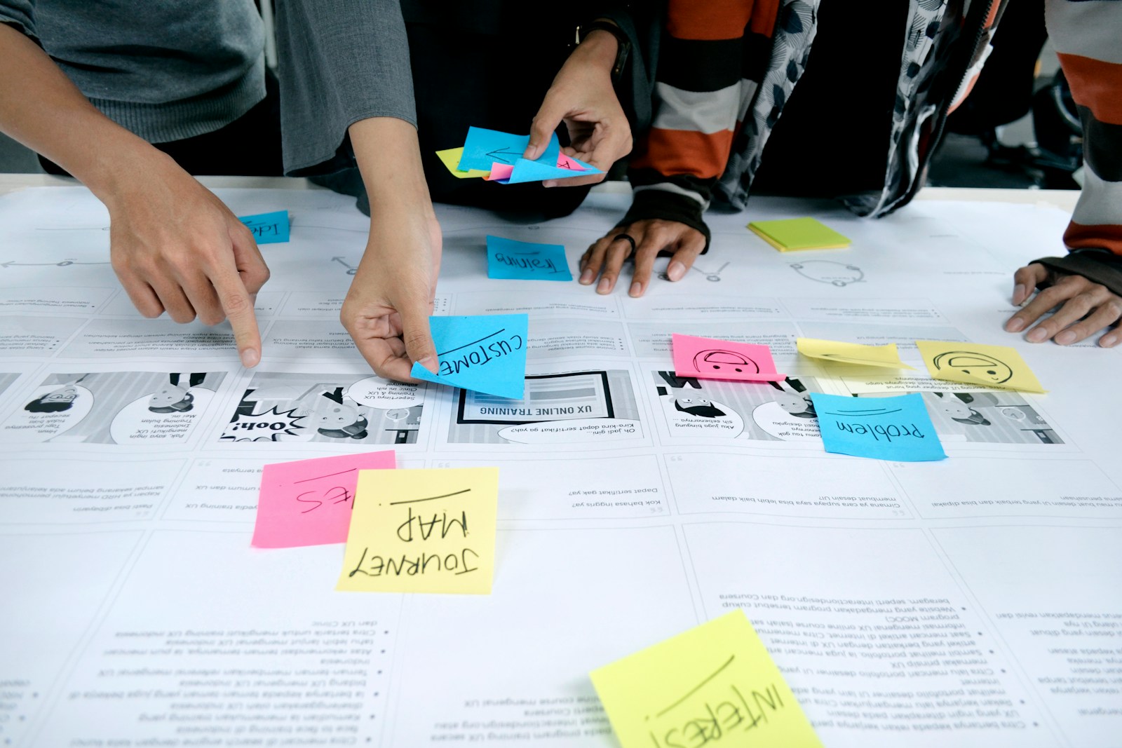 Tim bisnis Indonesia menyusun customer journey dan strategi di meja workshop Jakarta
