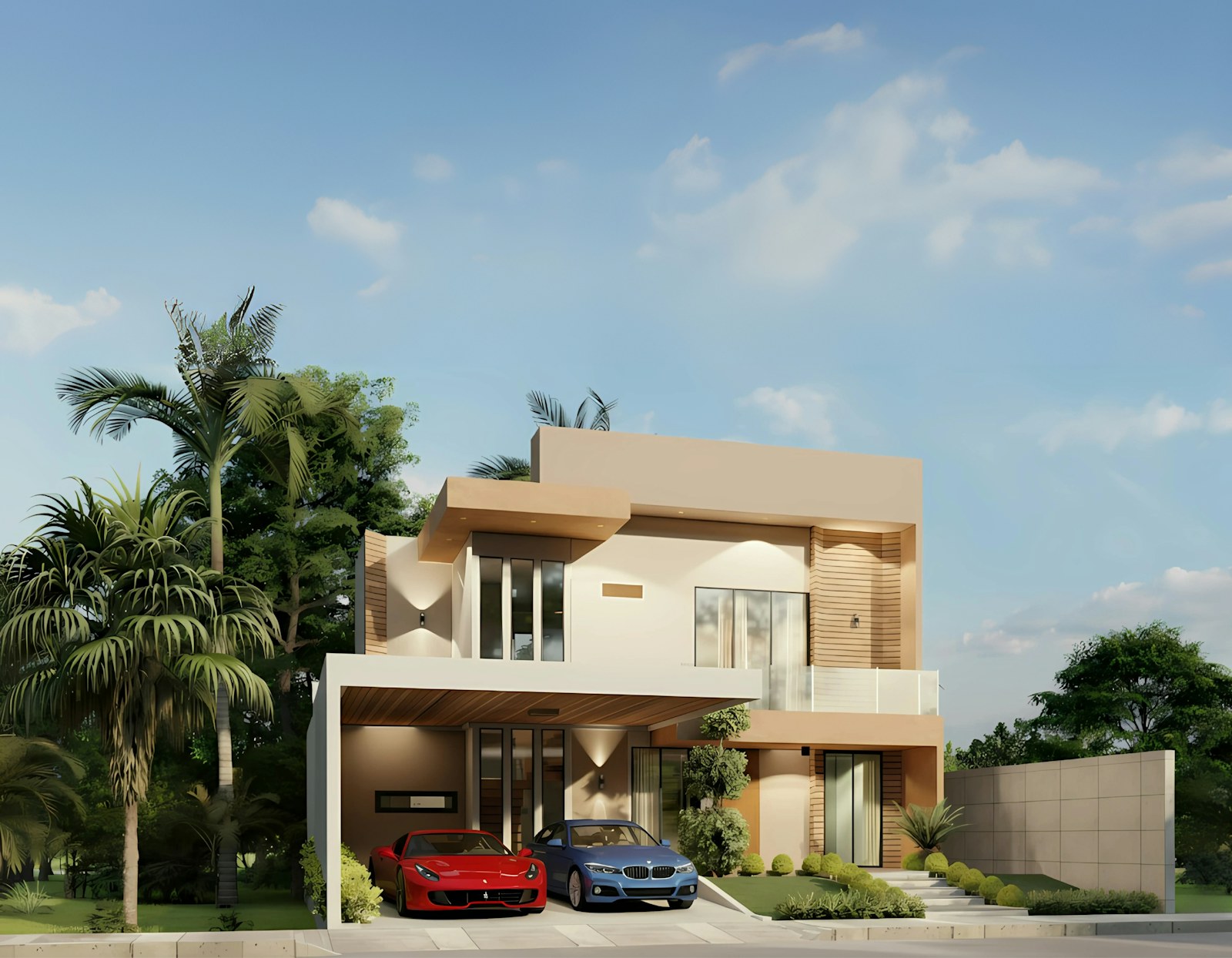 Rumah modern tropis dengan mobil di driveway dan taman rapi sebagai listing properti premium