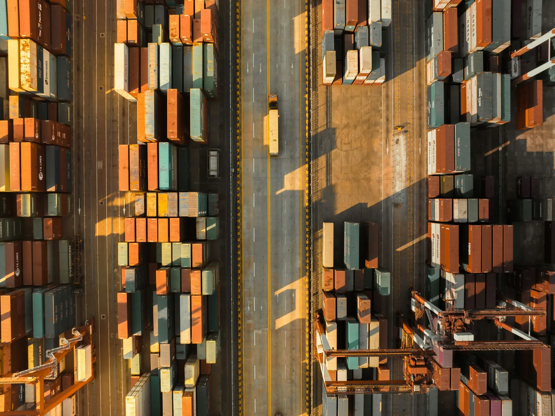 Container yard dilihat dari udara pada cahaya sore